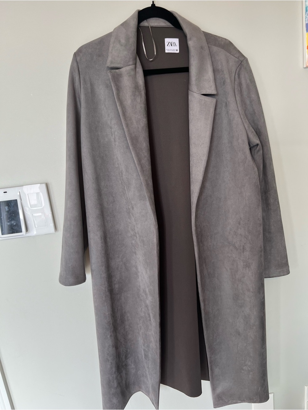 Zara Light Grey Open-Front Suede-Look Trench Coat